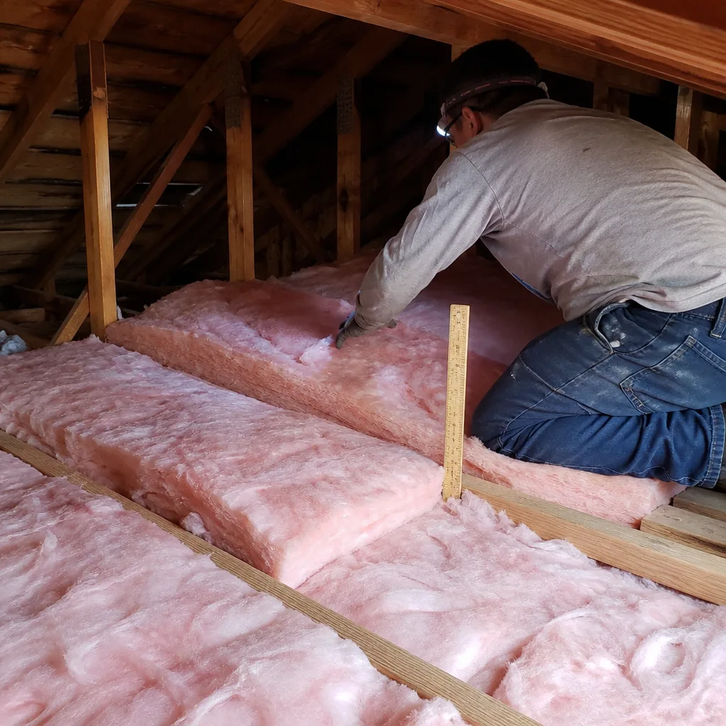 Contractor installing pink fiberglass insulation batts in a residential attic