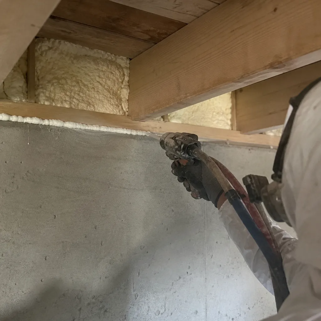 Professional applying spray foam insulation to rim joists and concrete foundation
