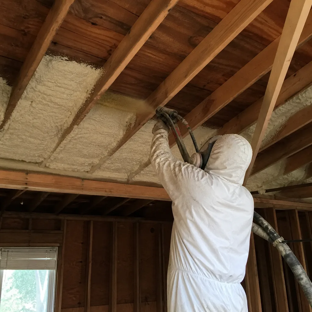 Contractor spraying foam insulation into open ceiling joists