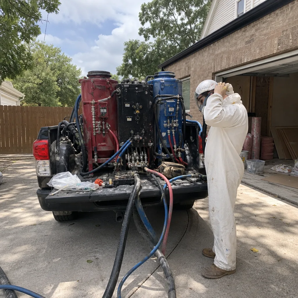 Technician in protective suit preparing professional spray foam insulation equipment